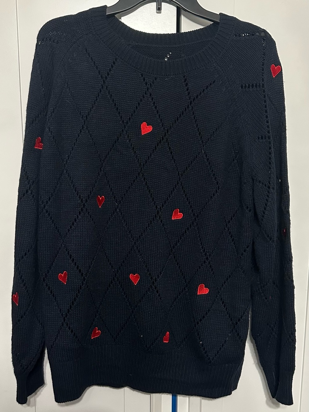 Navy Knit Sweater with Red Heart Embroideries